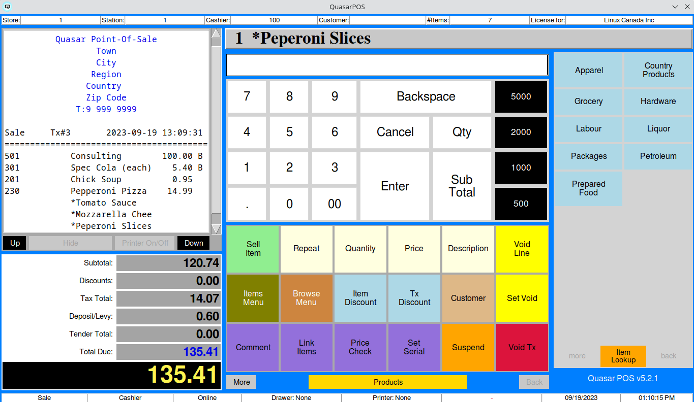 Quasar POS main screen
