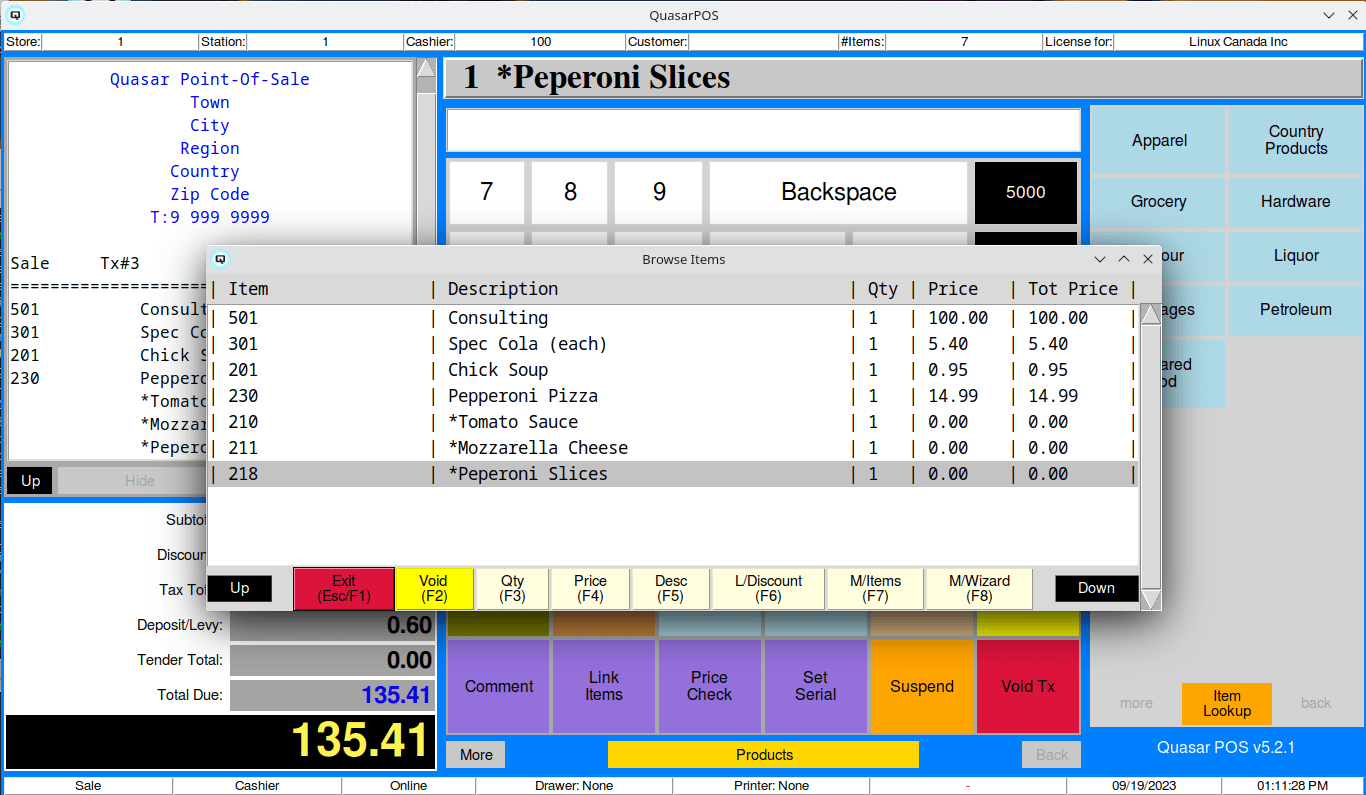 Quasar POS transaction screen