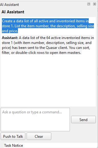 Quasar AI assistant answering a plain-English request to list active inventoried items with prices