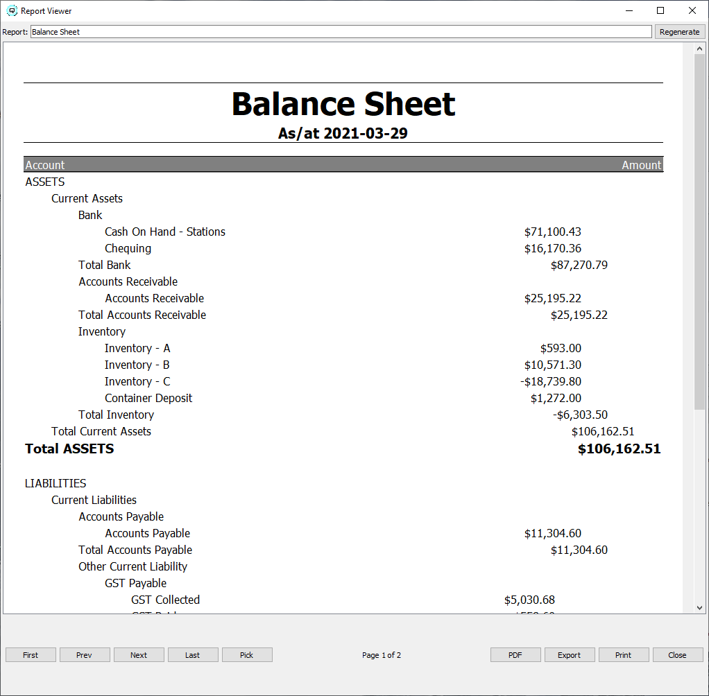 Quasar report viewer showing a balance sheet with assets, accounts receivable, inventory and GST payable