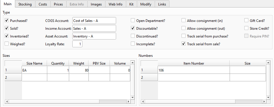 Quasar item master screen with tabs for stocking, costs, prices, kit and links, showing sizes and item numbers