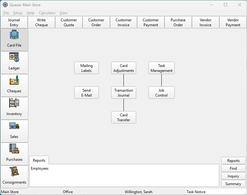 Quasar main window showing modules for card file, ledger, cheques, inventory, sales, purchases and consignments