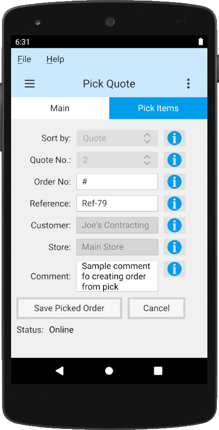 Quasar mobile app on a phone, picking items against a customer quote with live online status