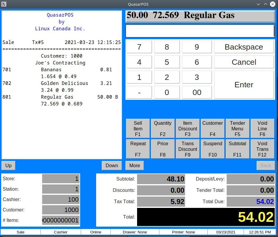 Quasar point-of-sale terminal ringing up a sale, with item lines, running subtotal, tax and total due
